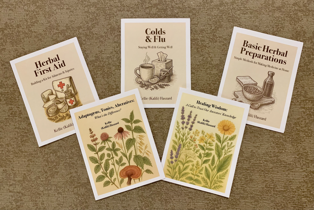 Grouping of 5 Growing Traditions herbal booklets displayed at the 2025 Lancaster County Super Fair, covering topics from herbal first aid to traditional preparations.
